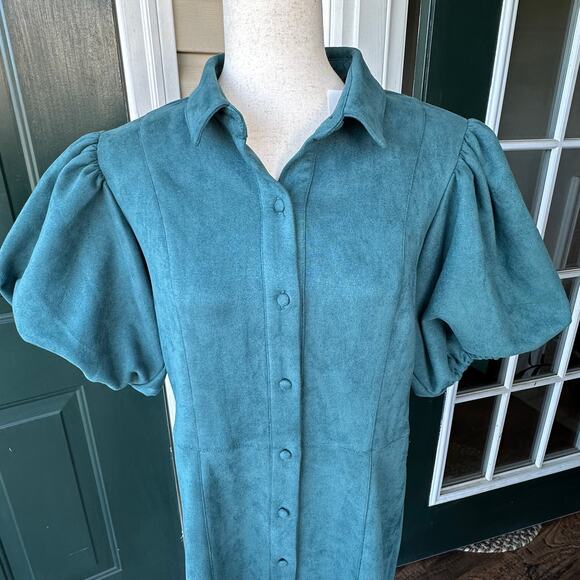 NWT THML Regine Faux Leather Puff Sleeve Shirt Dress Teal Green L Cottage Fall - Picture 5 of 10